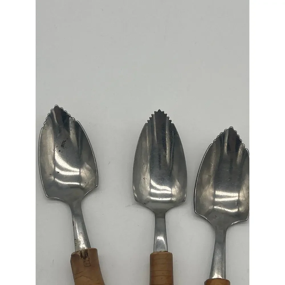 Vintage Japan Stainless Grapefruit Spoons Serrated Bamboo MCM Tiki Set of 3